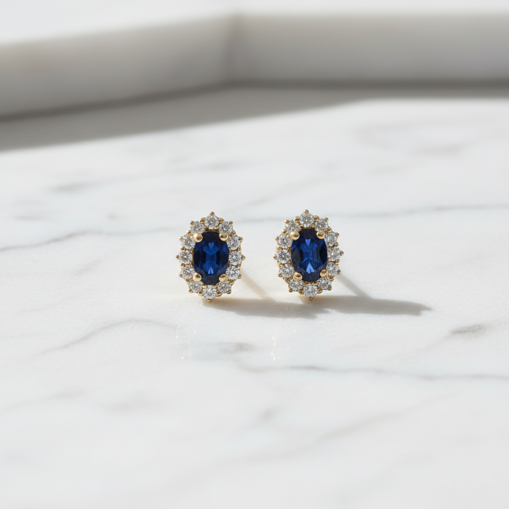 ER117581. 14k Solid Gold Diamond and Gemstone Oval Stud Earrings