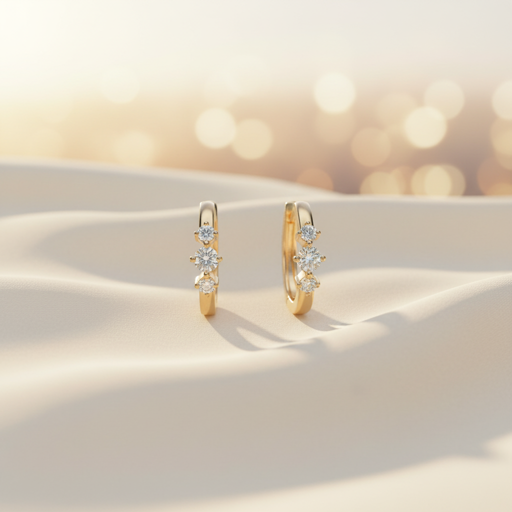 EHE57395. 14K Solid Yellow Gold Diamond Hoop Earrings