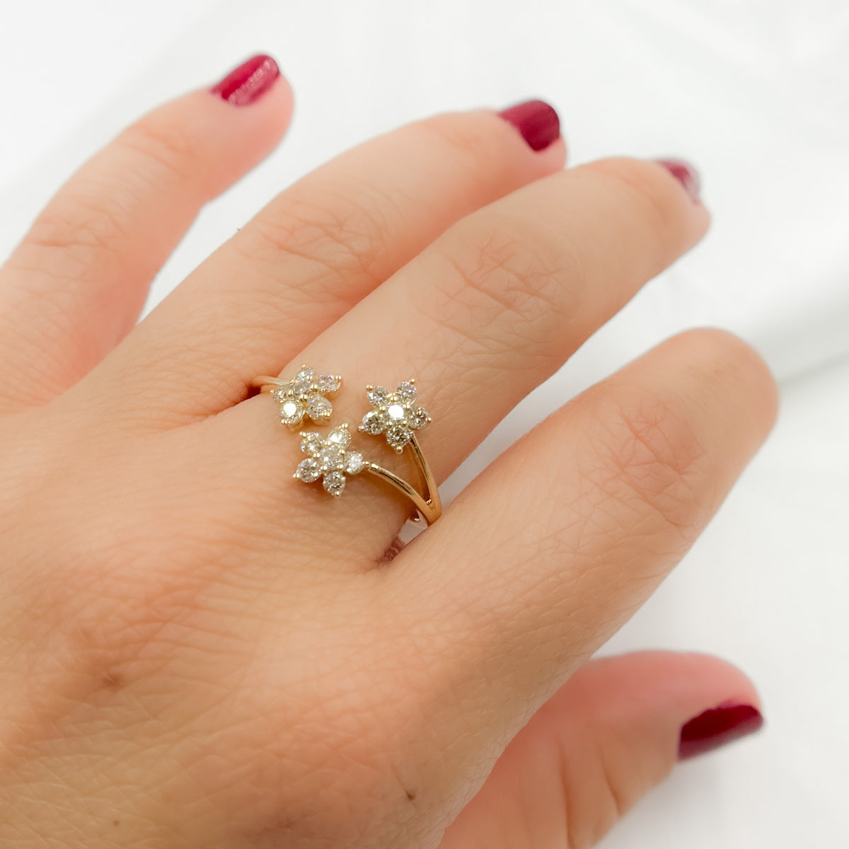 14K Solid Yellow Gold Diamond Open Flower Ring.