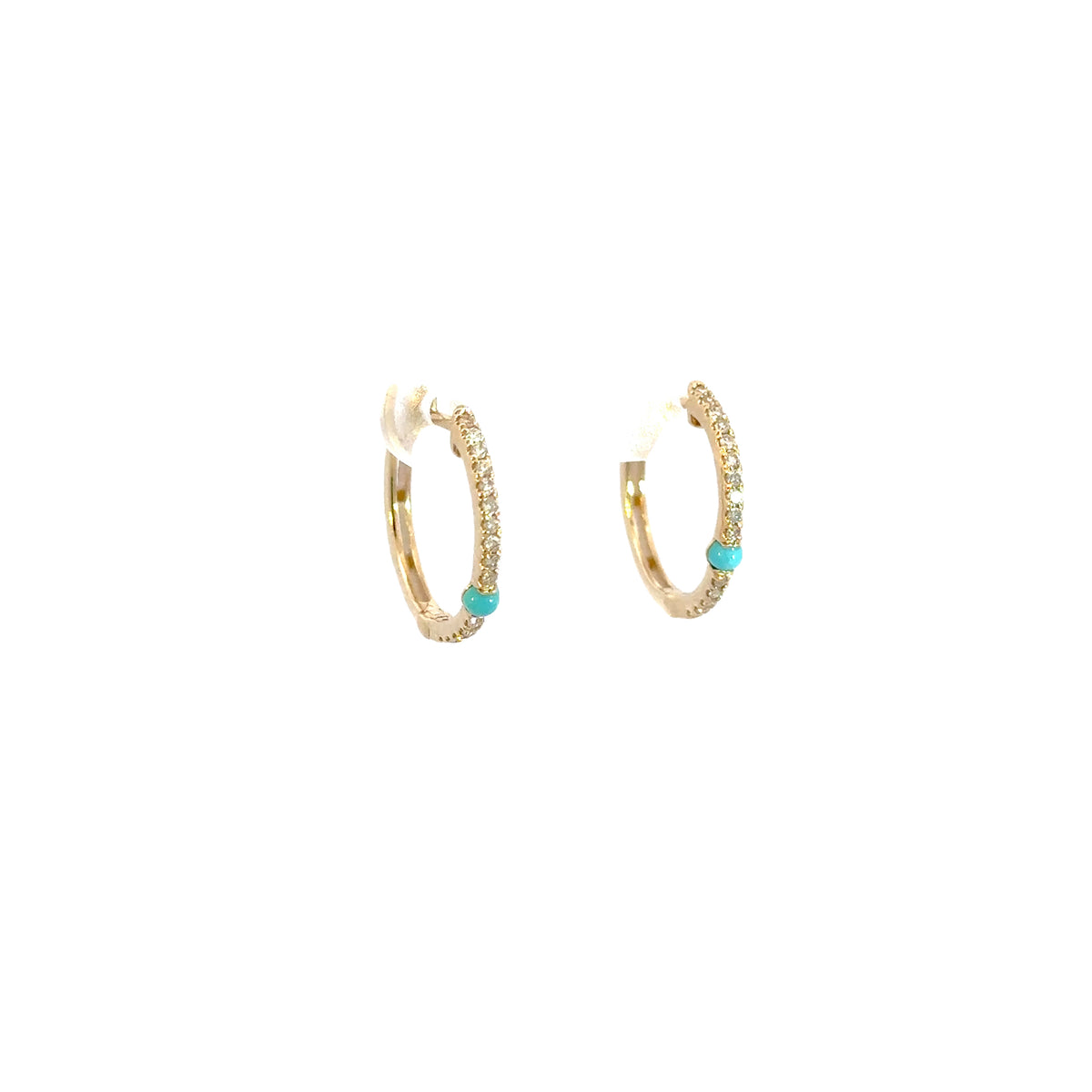 EHC56665TQ. 14k Solid Gold Diamond and Turquoise Hoops