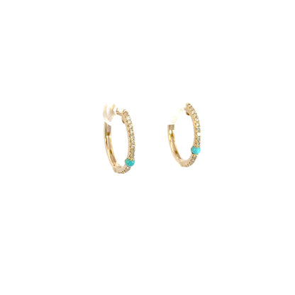 EHC56665TQ. 14k Solid Gold Diamond and Turquoise Hoops