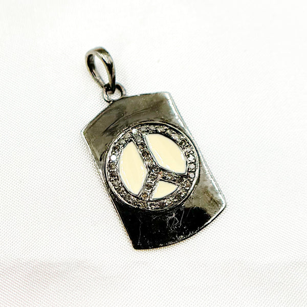 Diamond Sterling Silver Rectangle Peace Enamel Pendant