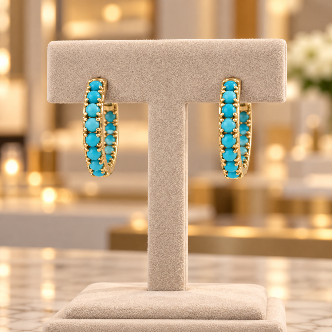 EHZ57733TQ. 14K Solid Gold Turquoise Hoops