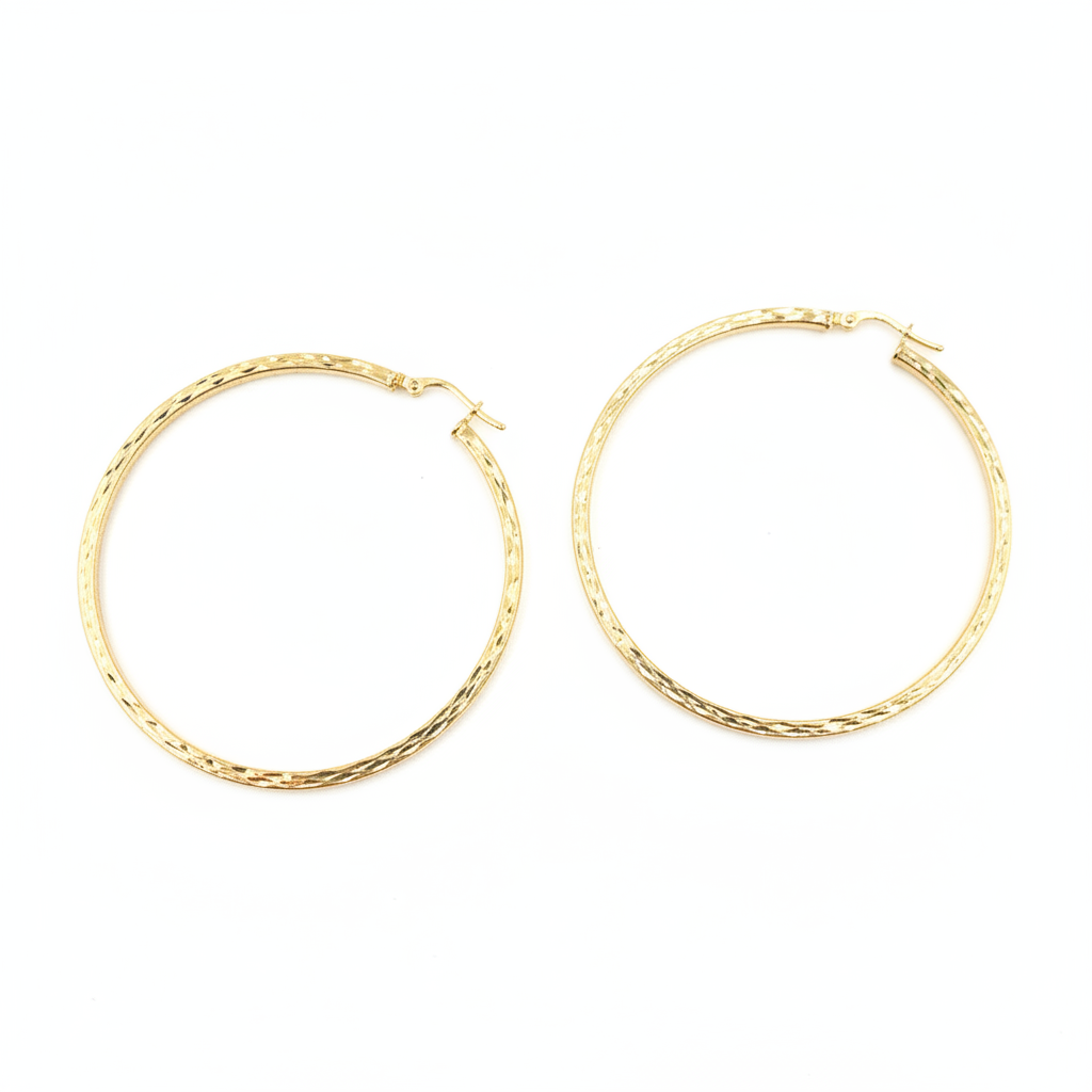 GER157. 14K Solid Gold Hollow Flat Diamond Cut Hoop