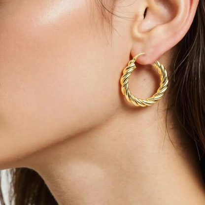 14K Solid Gold Fancy Twisted Hollow Hoop Earring