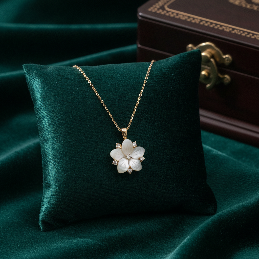 PFC32904PL. 14K Solid Gold Diamond Mother of Pearl Flower Necklace
