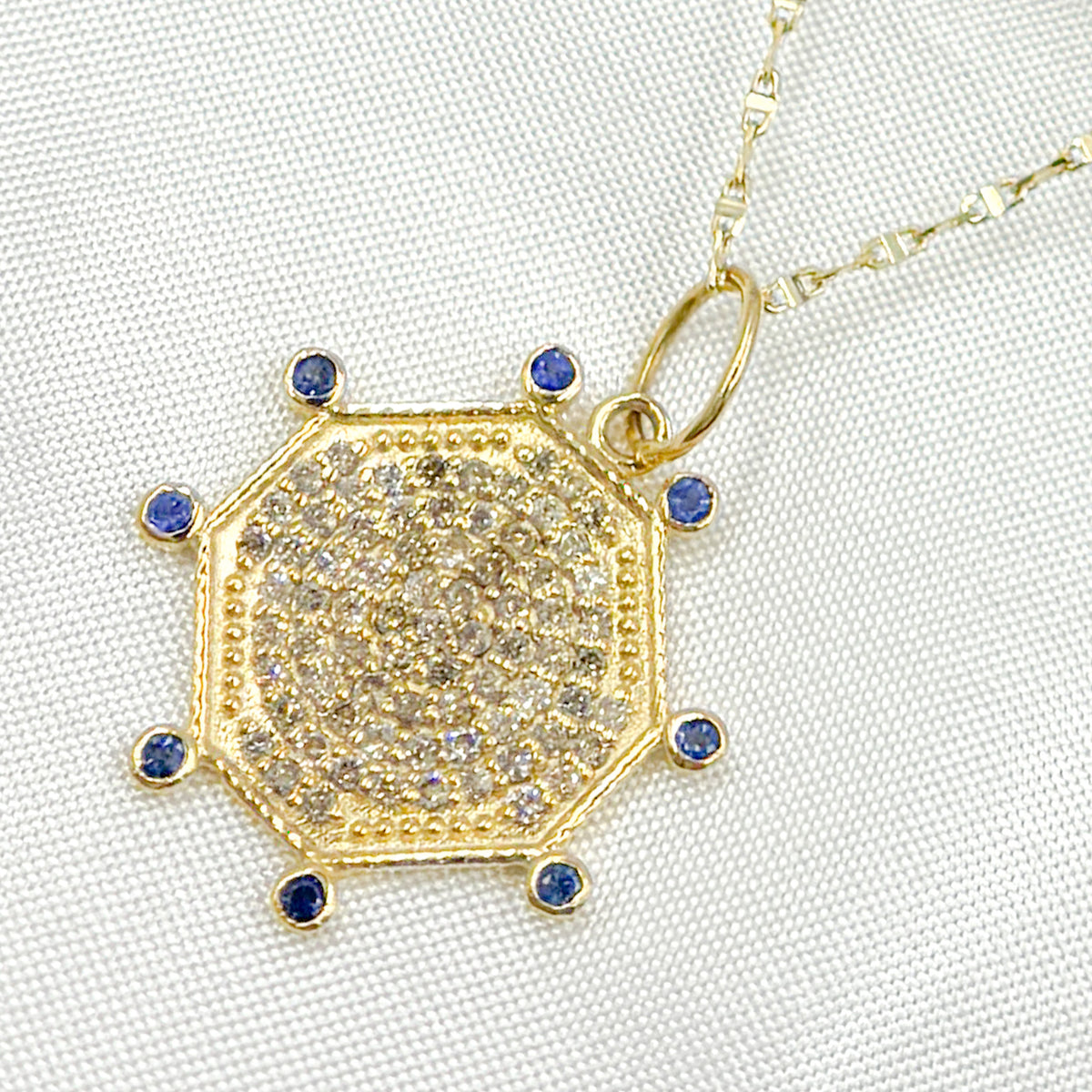 GDP560. 14k Solid Gold Diamond and Gemstone Octagon Charm