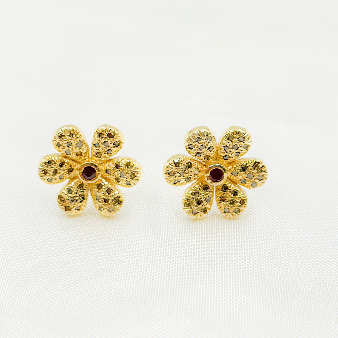 DE058. Diamond and Gemstones Sterling Silver Flower Studs