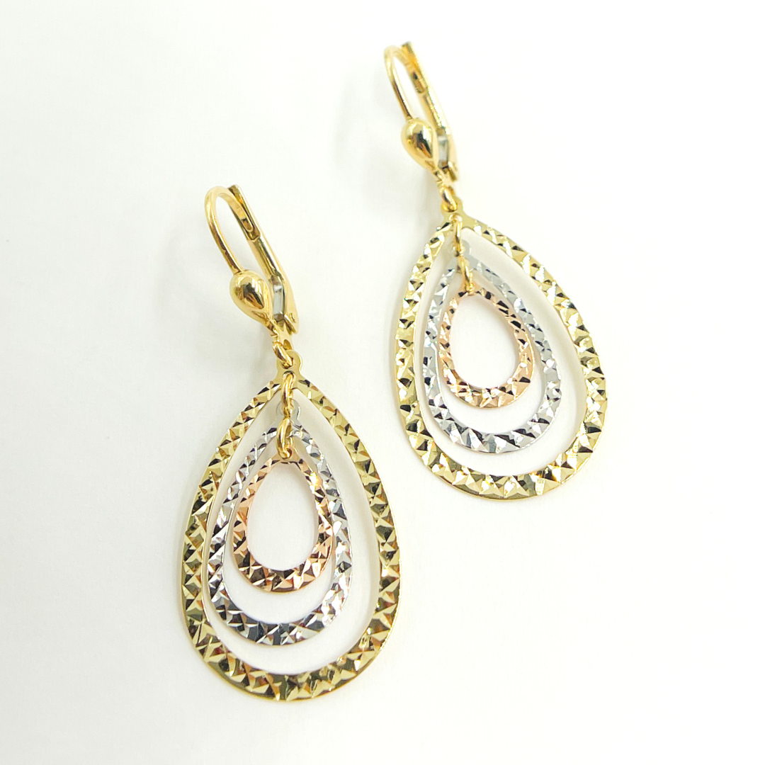 GER113. 14K Solid Gold Dangle Earring with Tri - Color Diamond Cut Drops.