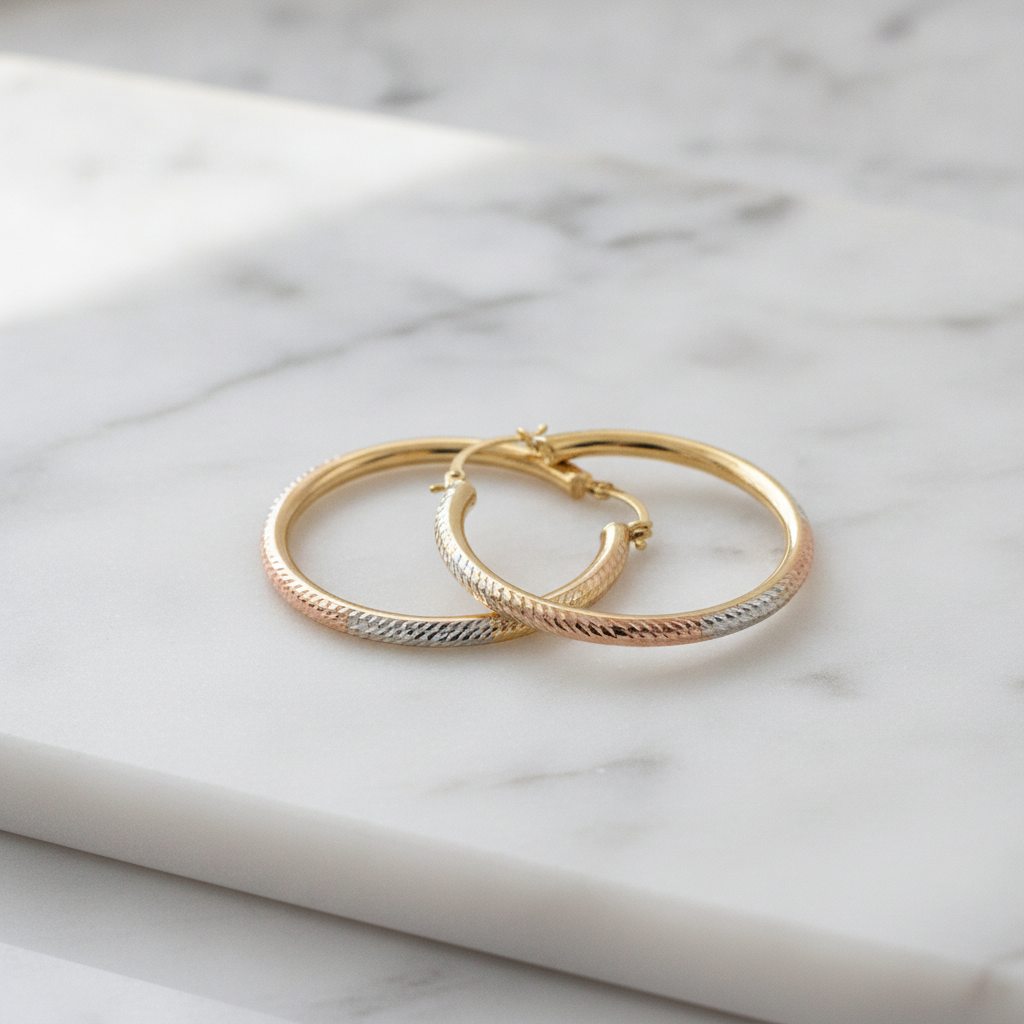 GER72. 14K Gold Tri-Color Hollow Hoop Earrings with Engraved Tornado Design