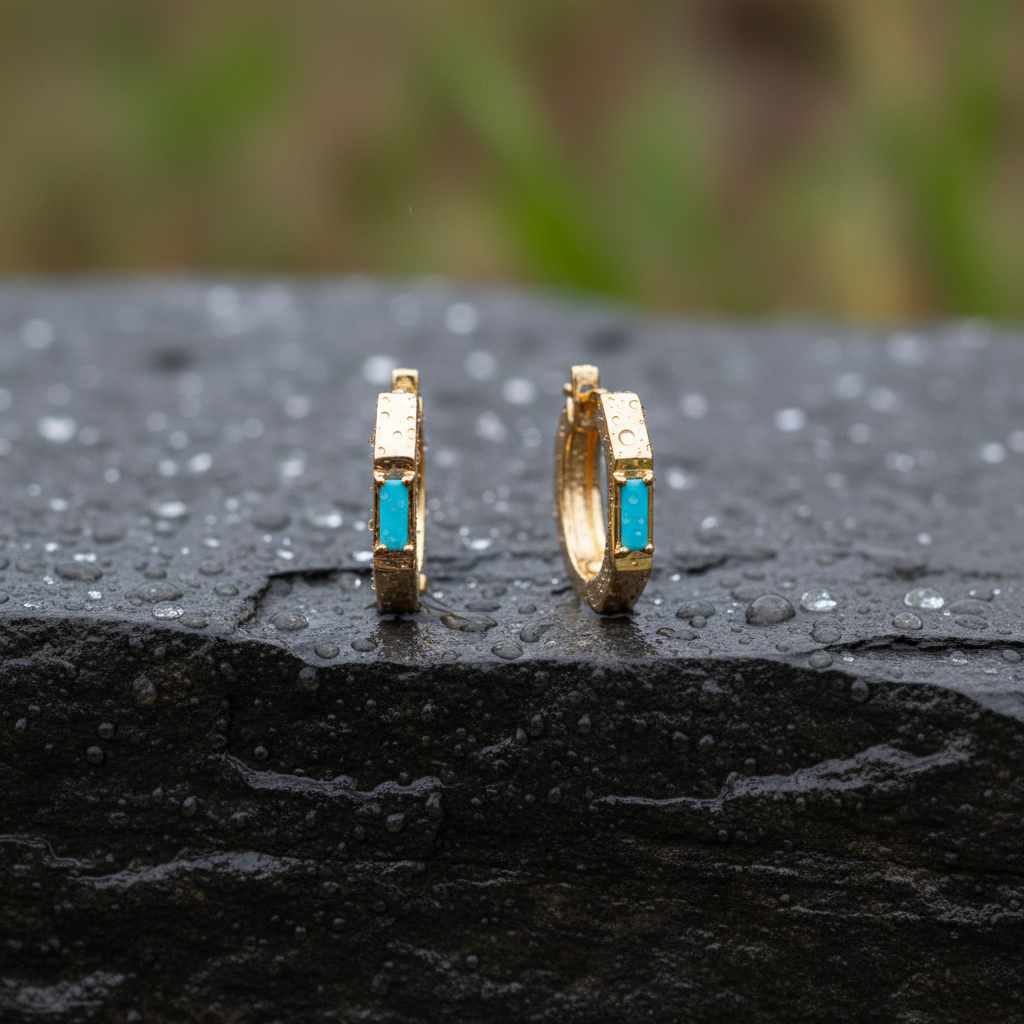 EHZ57587TQ. 14K Solid Gold Octagon Hoop Earrings with Turquoise