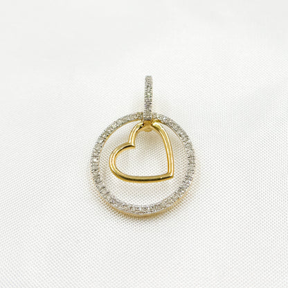 14K Solid Gold  Diamond Circle Charm with Heart in the Center. EJP1496