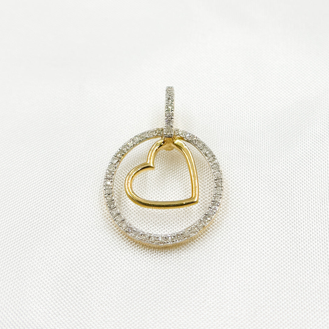 14K Solid Gold  Diamond Circle Charm with Heart in the Center. EJP1496