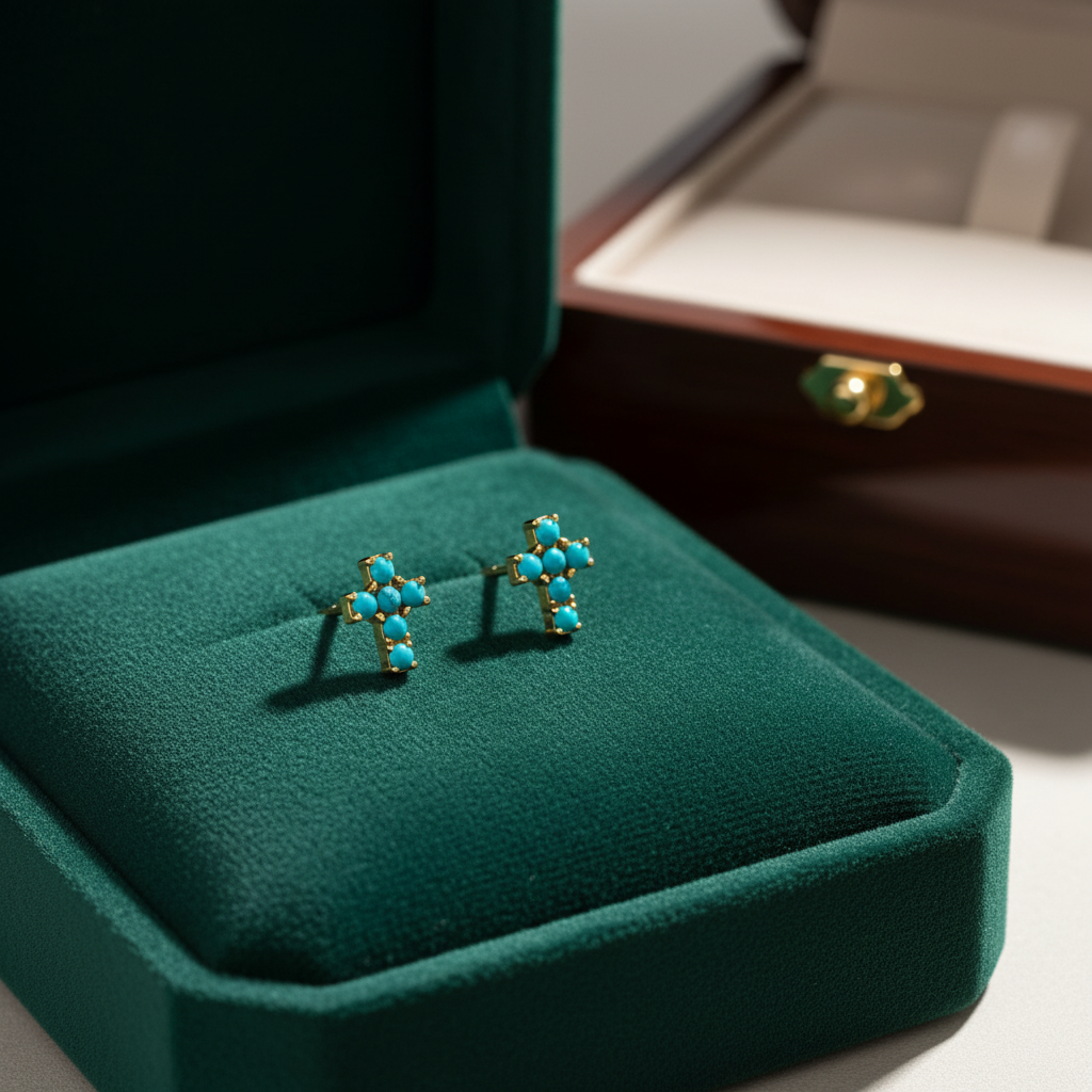 ER427136. 14k Solid Gold Diamond and Gemstone Cross Stud Earrings