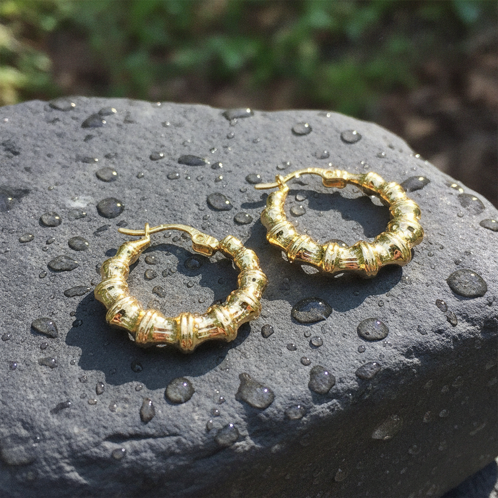 GER145. 14K Hollow Gold Textured Hoop Earrings