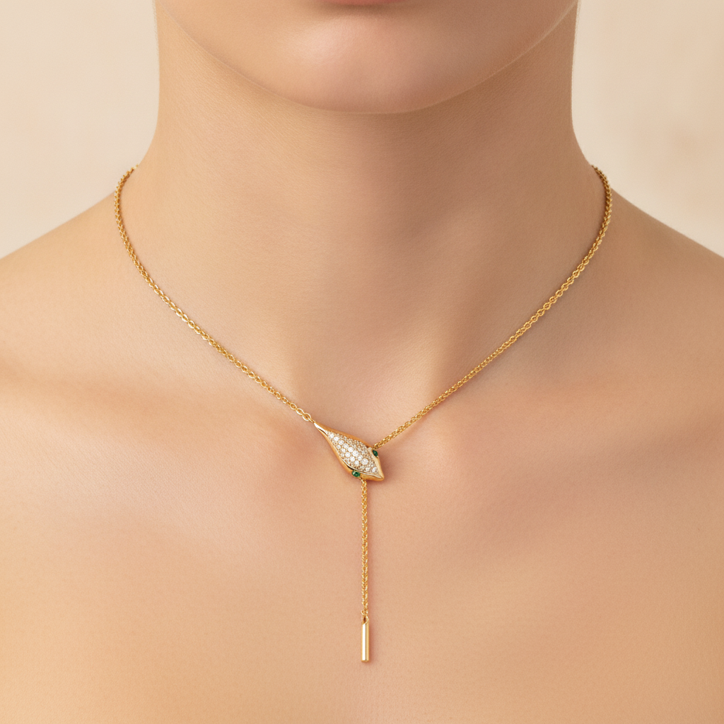 NFC71992. 14k Solid Gold Diamond and Emerald Snake Necklace