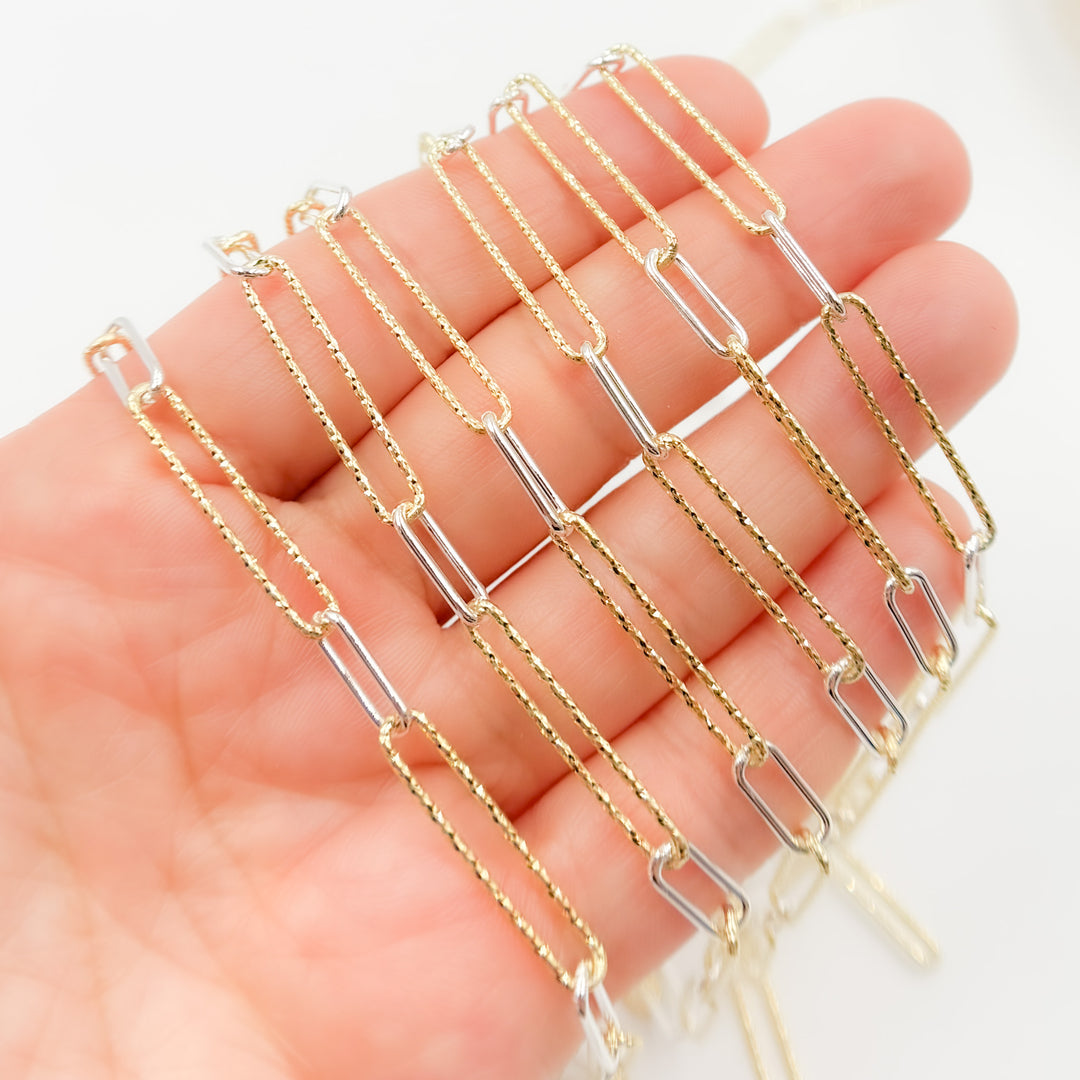 Sterling Silver Smooth and Gold Plated Diamond Cut Paperclip Chain