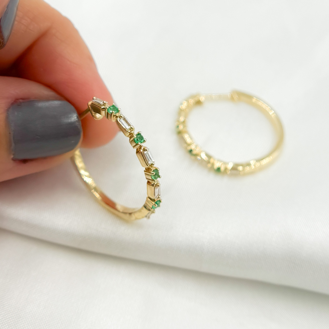 EHD56614EM. 14k Solid Gold Diamond and Emerald Hoops