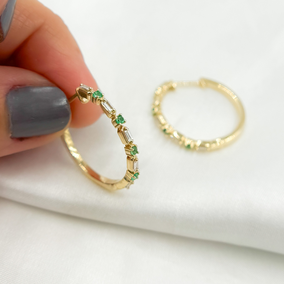 14k Solid Gold Diamond and Emerald Hoops. EHD56614EM