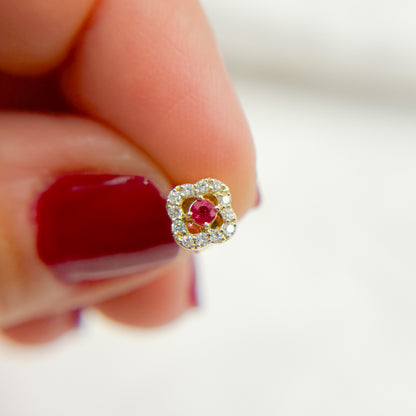 ER418281RB. 14K Solid Yellow Gold Diamond and Ruby Flower Stud Earring