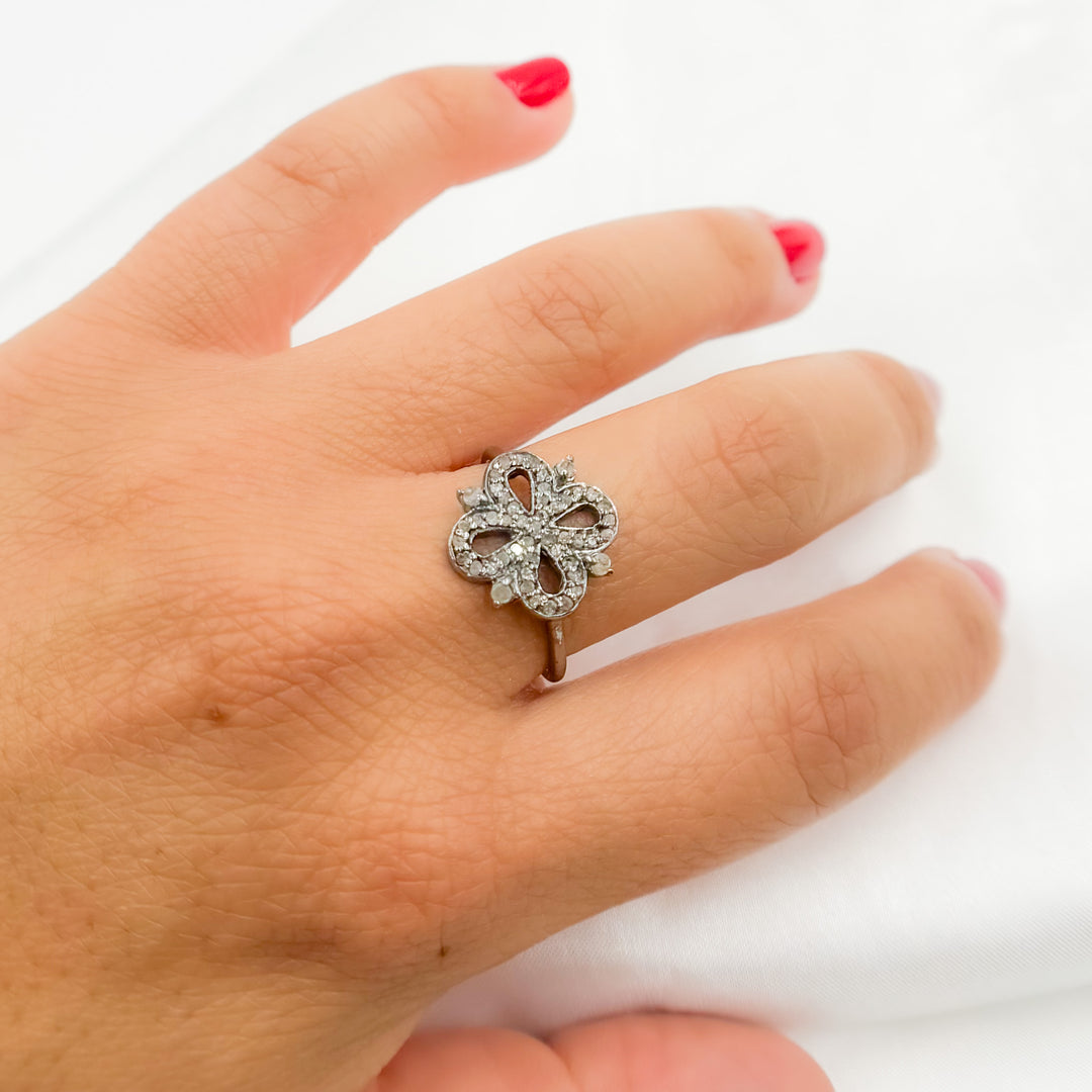 DE015. Diamond Black Rhodium Sterling Silver Flower Ring