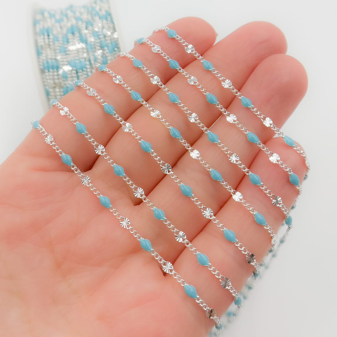 Silver Turquoise Color Enamel  Marina Link Chain