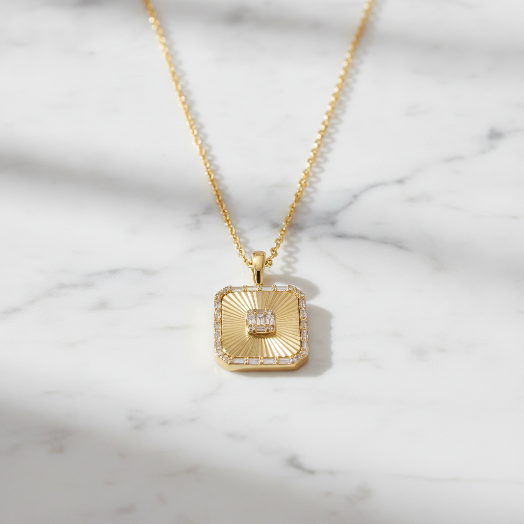 PFE33148. 14K Solid Gold Diamond Rectangle Necklace