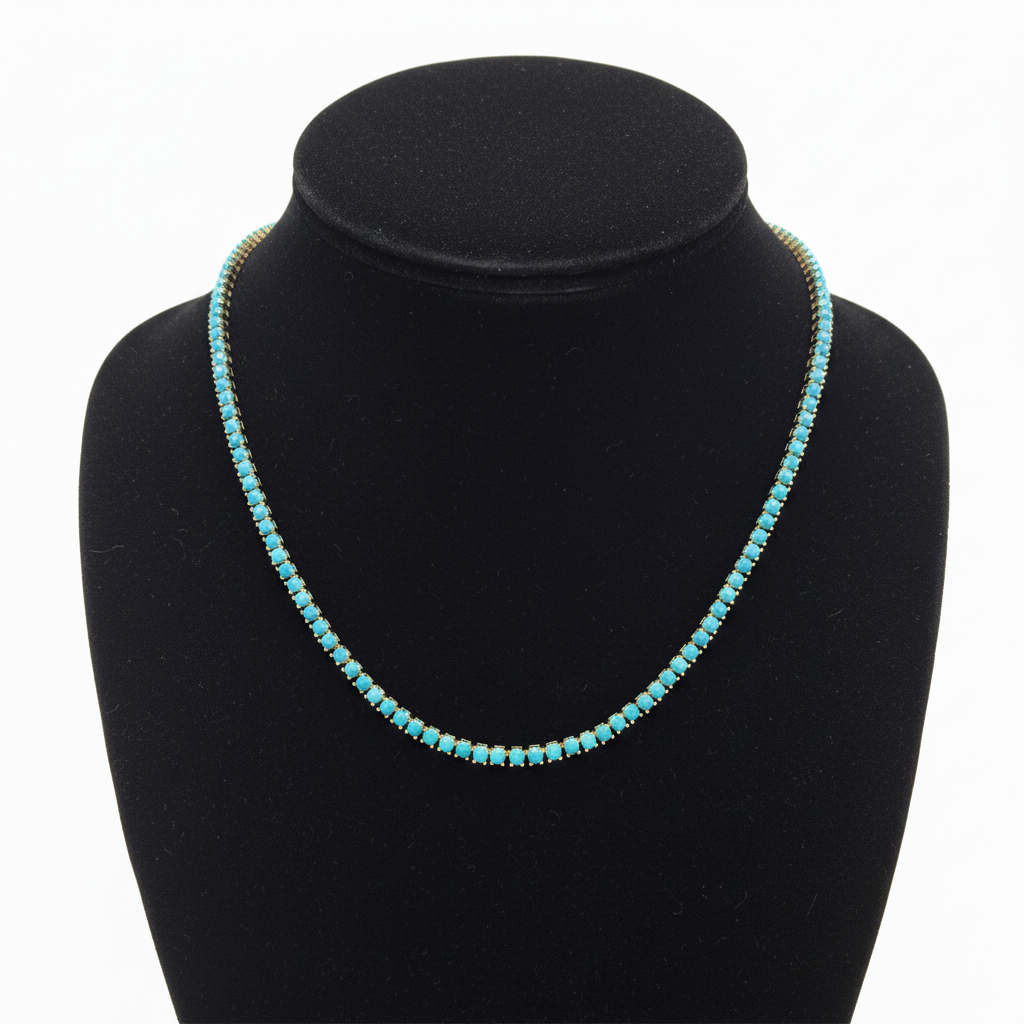 NFZ72747TQ. 14K Solid Gold Turquoise Tennis Necklace