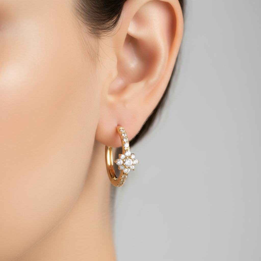 EHF57627. 14K Solid Yellow Gold Diamond Flower Hoop Earrings