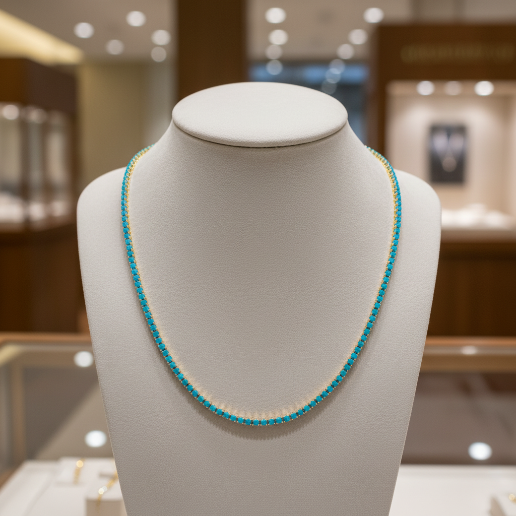 NFZ72747TQ. 14K Solid Gold Turquoise Tennis Necklace