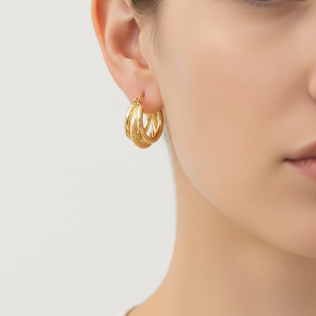15850017973. 14K Solid Gold Smooth and Textured Triple Line Hollow Hoop Earrings