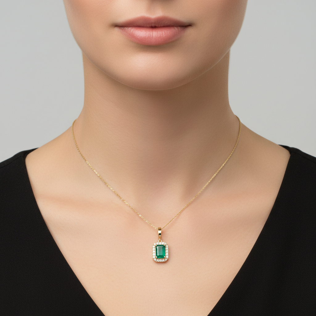 CMC00365EM7X5. 14K Solid Gold Rectangular-Shaped Emerald and Diamond Charm