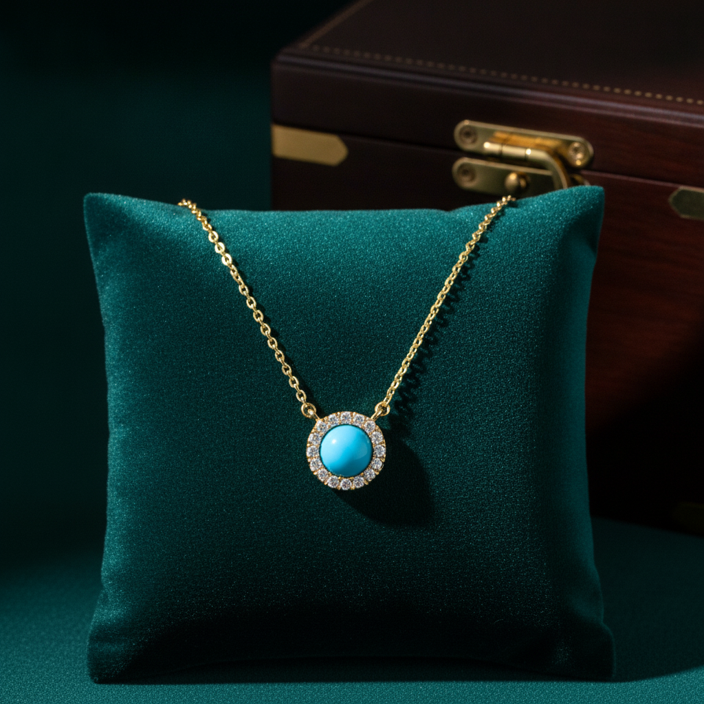 NFB71922. 14K Solid Gold Diamond and Turquoise Necklace