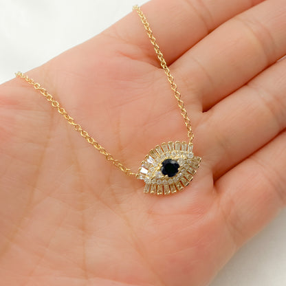 NFH71188BS. 14k Solid Gold Blue Sapphire and Diamond Eye Necklace