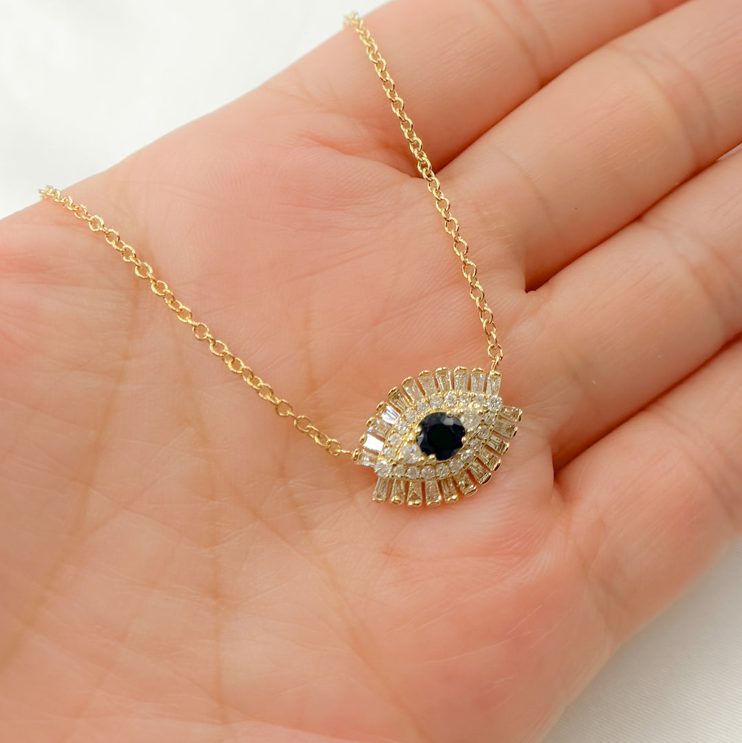 14k Solid Gold Blue Sapphire and Diamond Eye Necklace. NFH71188BS