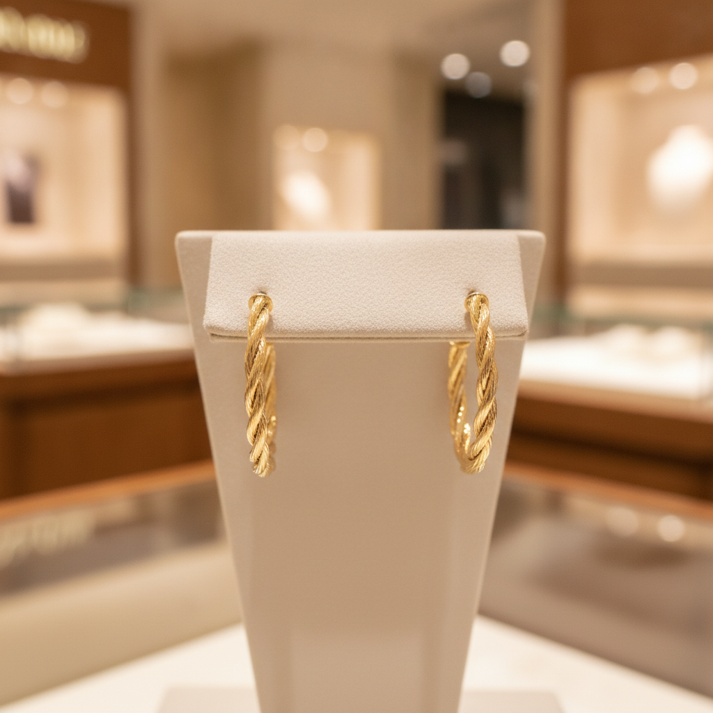 GER99. 14K Solid Gold Twisted Hollow Hoop Earrings
