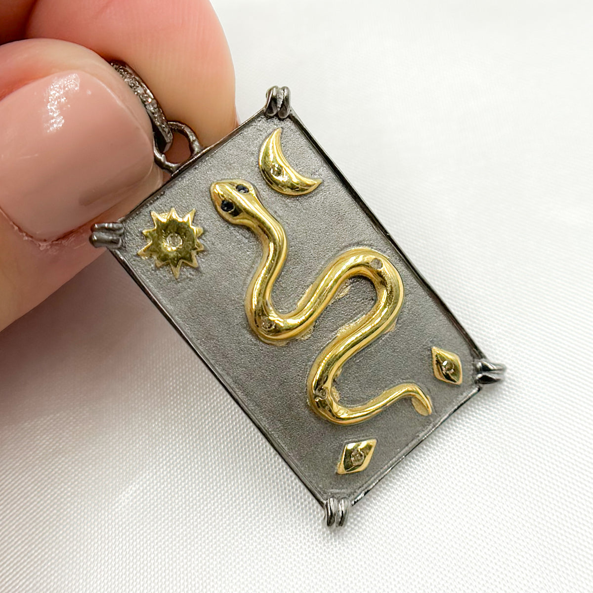 Diamond Sterling Silver Rectangle Snake Celestial Pendant
