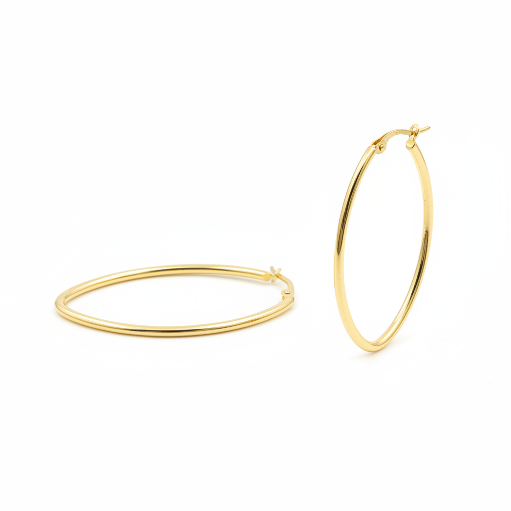 GER53. 14K Solid Gold Oval Shape Hollow Hoop Earrings