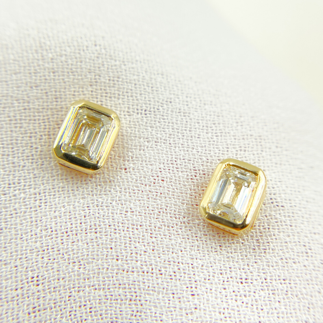 14k Solid Yellow Gold Rectangle Diamond Studs