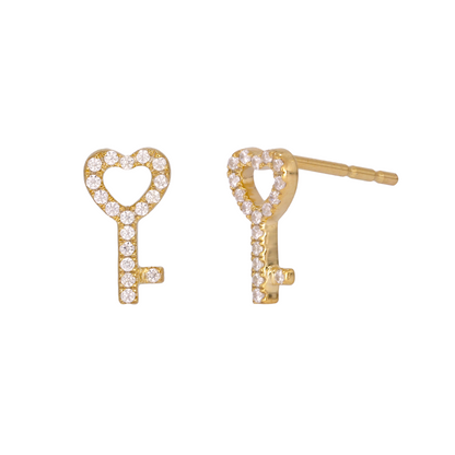 14K Gold Diamond  Key Heart Studs Earrings