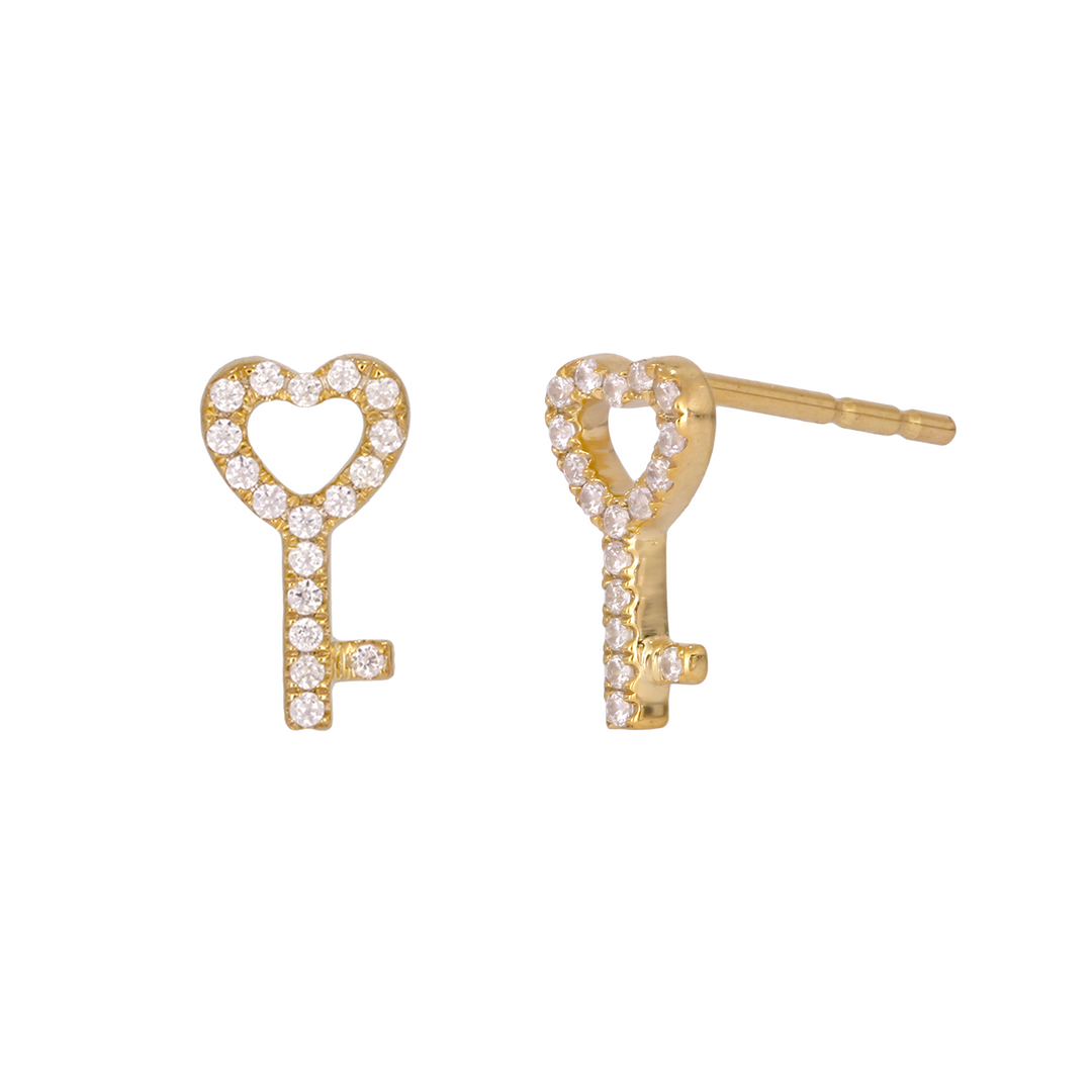14K Gold Diamond  Key Heart Studs Earrings