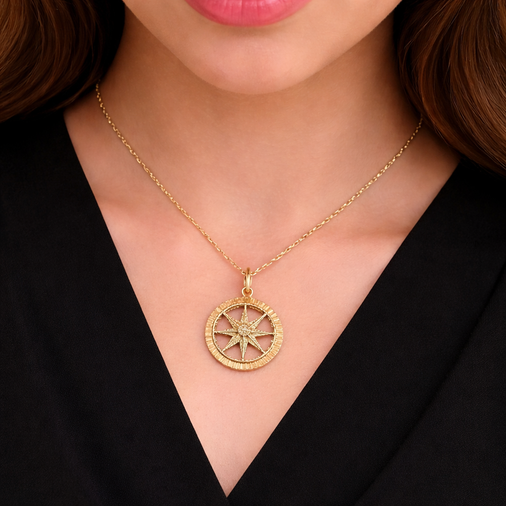 GDP448. 14K Solid Gold Diamond Circle Star Charm