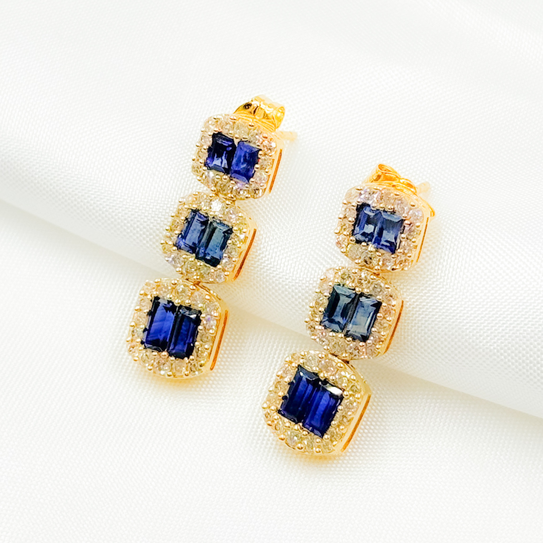 14k Solid Gold Diamond and Blue Sapphire Dangle Earrings.  EFF52119BS