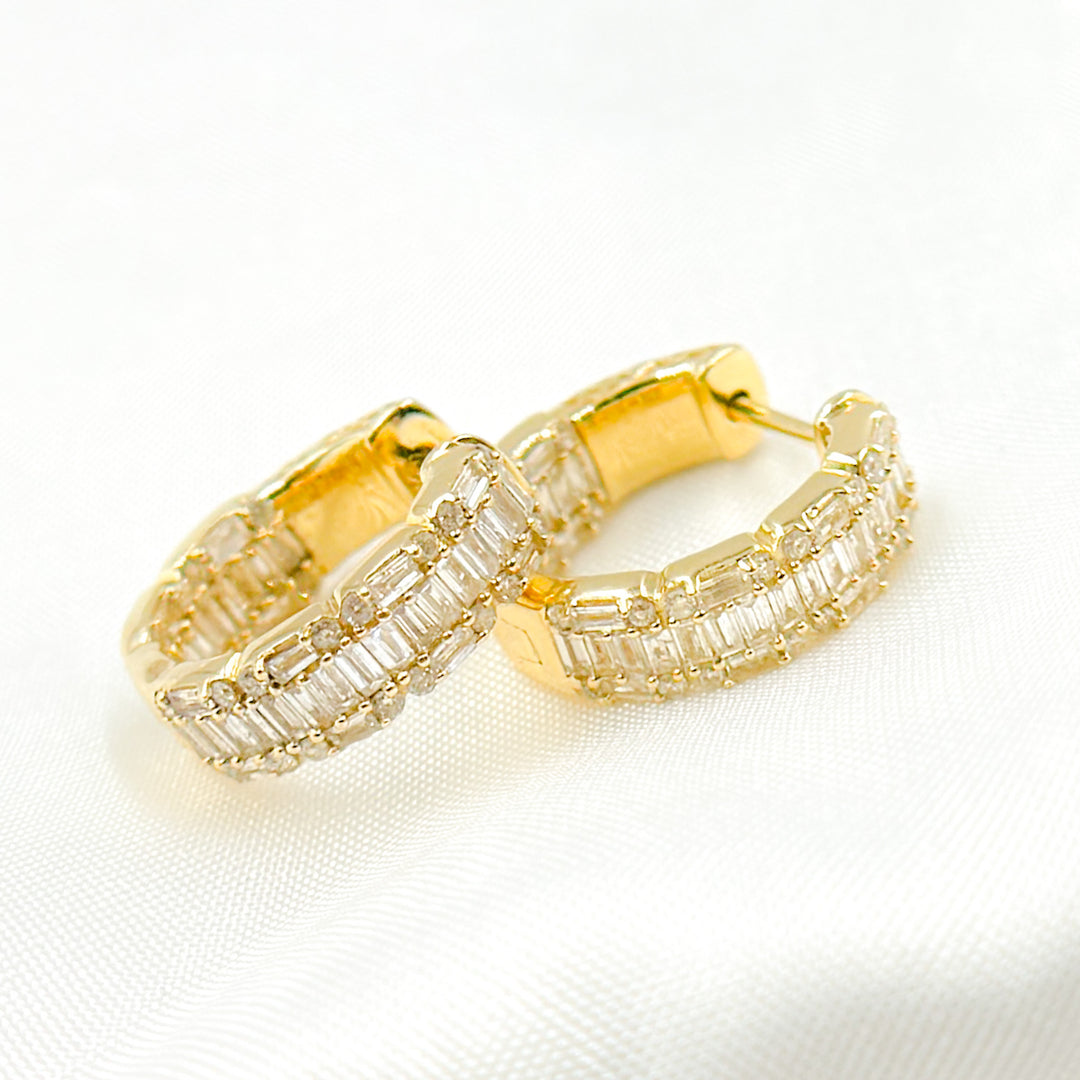 14K Solid Gold Baguette Diamond Huggies. EHL56701