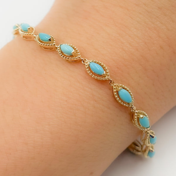 14K Solid Gold Turquoise Marquise Bracelet