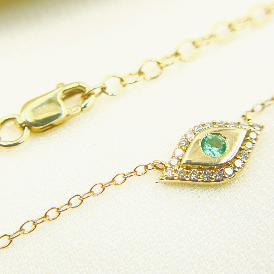 14k Solid Gold  Diamonds and Emerald Evil Eye Necklace. NFB71122EM