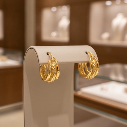 15850017973. 14K Solid Gold Smooth and Textured Triple Line Hollow Hoop Earrings