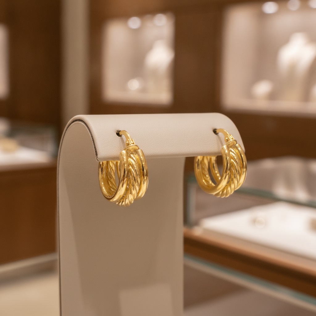 15850017973. 14K Solid Gold Smooth and Textured Triple Line Hollow Hoop Earrings