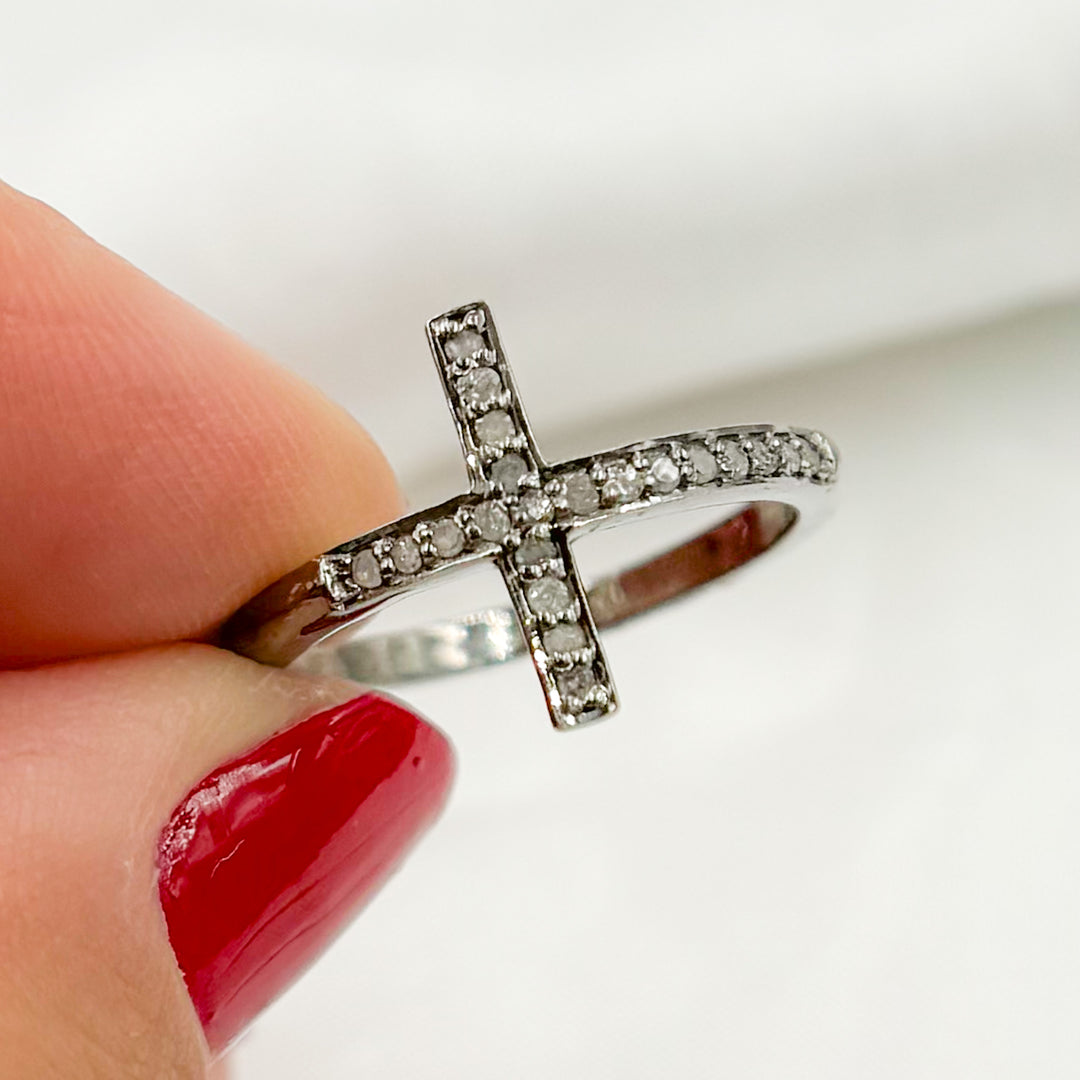 DR03. Diamond Black Rhodium Sterling Silver Cross Ring