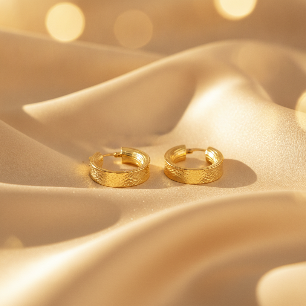GER105. 14K Solid Gold Flat Diamond Cut Hollow Hoop Earrings